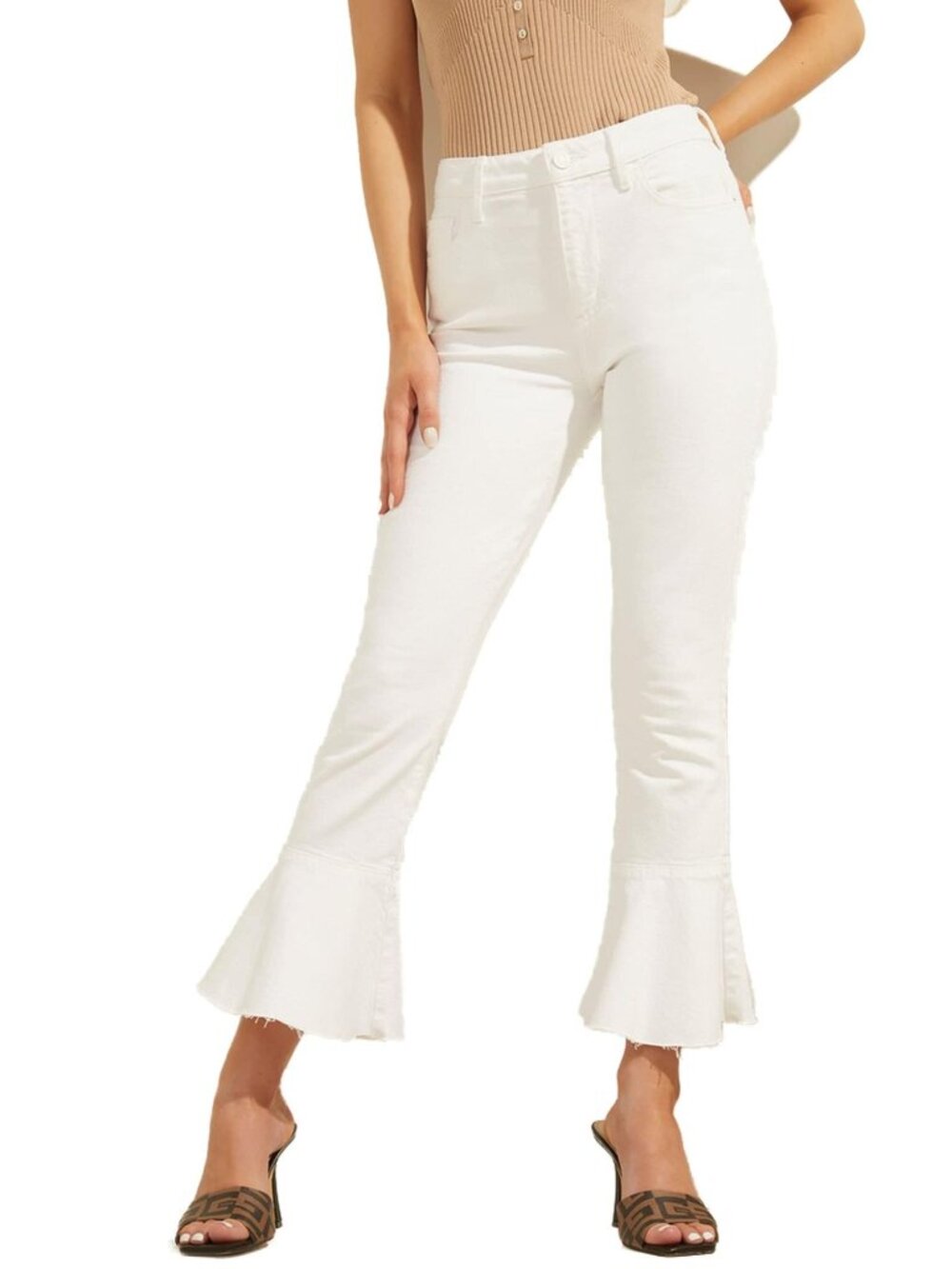 NWT GUESS Women's Ayla Stretch Fit Ruffle Flare Jean, Pure White, 24